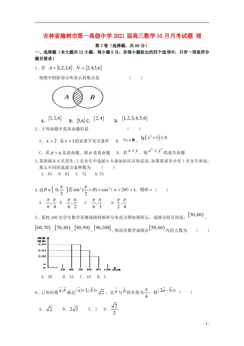 吉林省榆树市第一高级中学2021届高三数学10月月考试题理