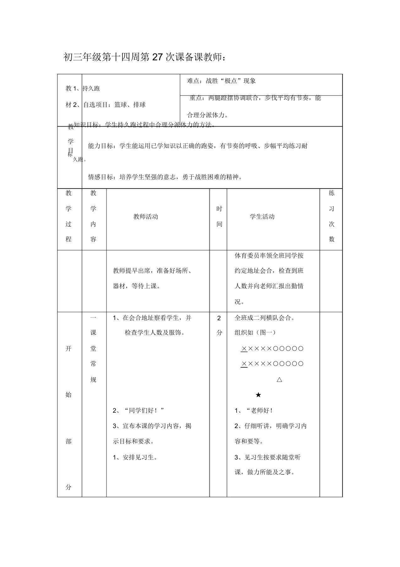 初三体育与健康教案集：耐久跑