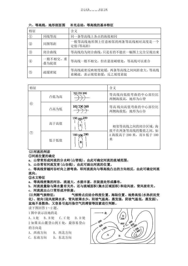 高三地理等高线专题练习提高