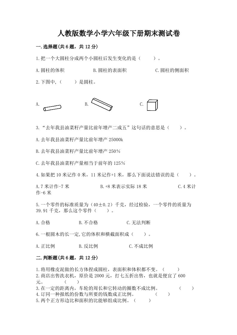 人教版数学小学六年级下册期末测试卷附答案【轻巧夺冠】