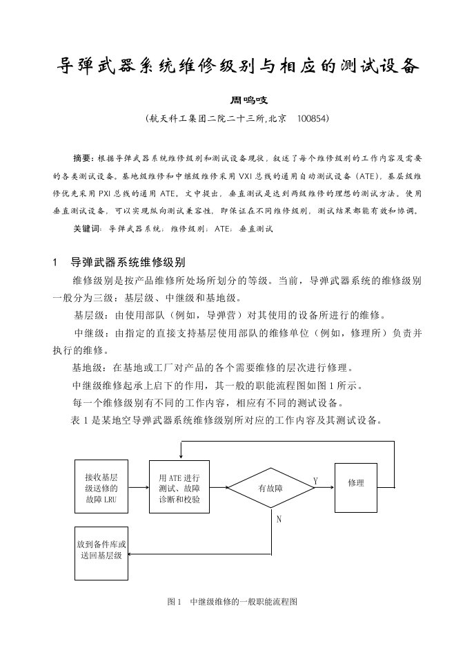 导弹武器系统维修级别与相应的测试设备