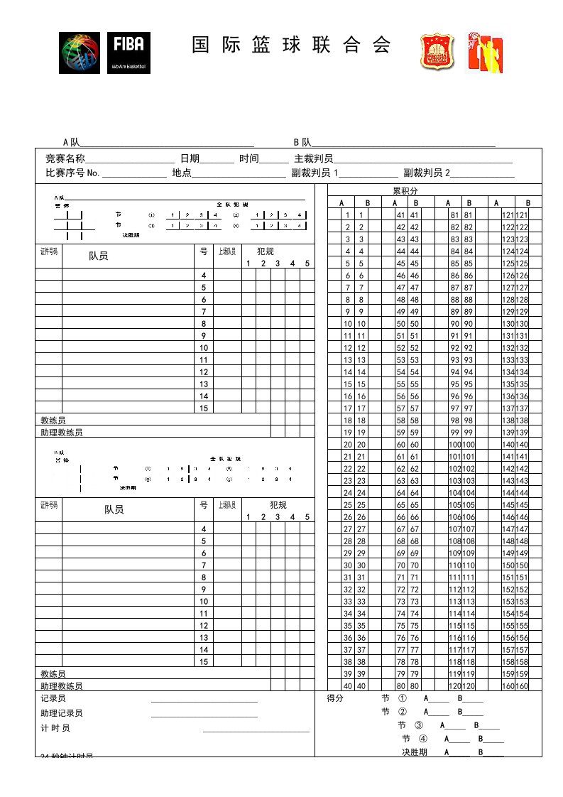 国际篮联计分表