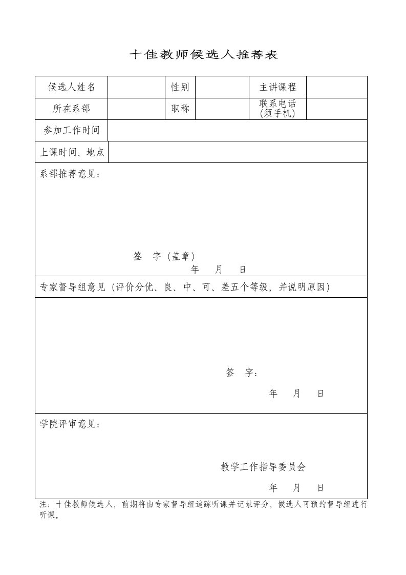 十佳教师候选人推荐表