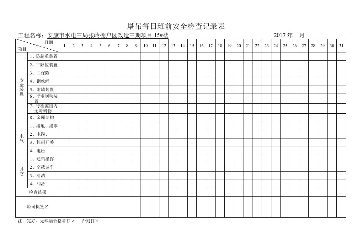 塔吊每日班前安全检查记录表