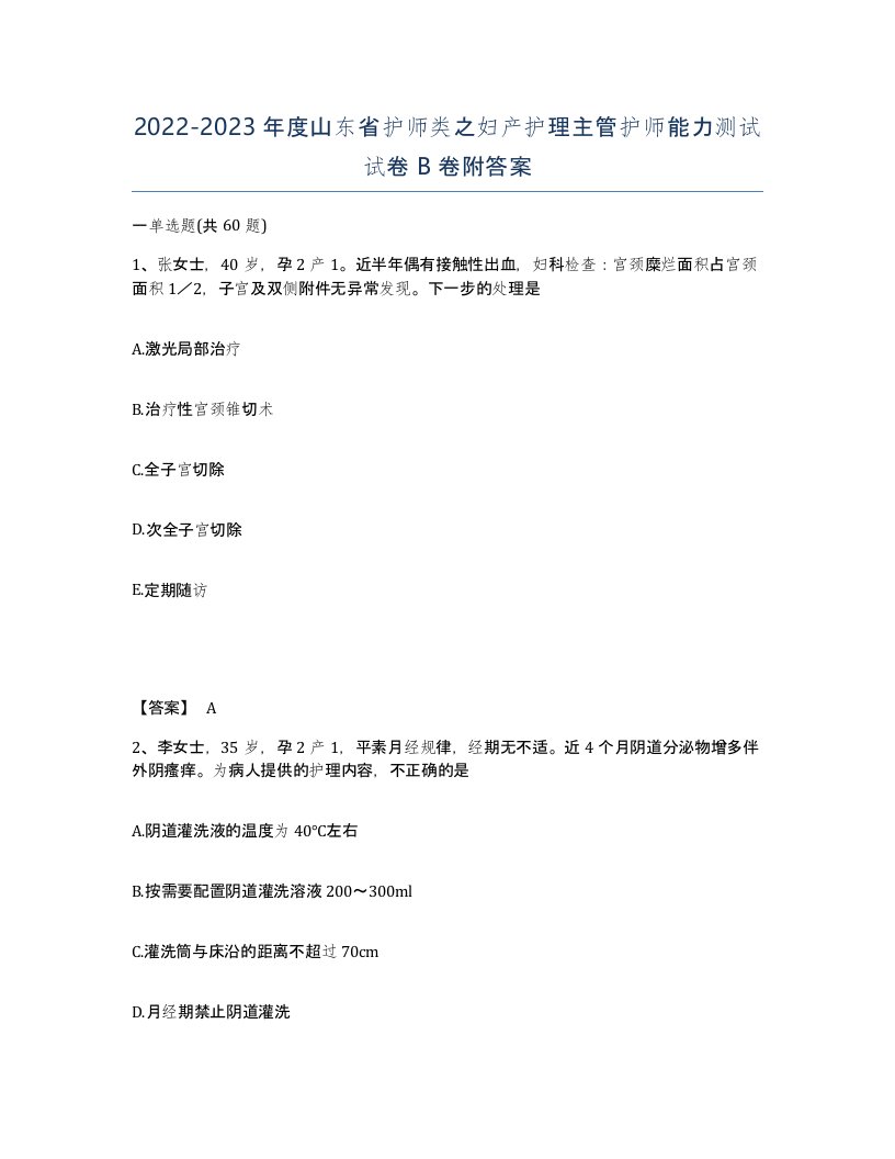 2022-2023年度山东省护师类之妇产护理主管护师能力测试试卷B卷附答案