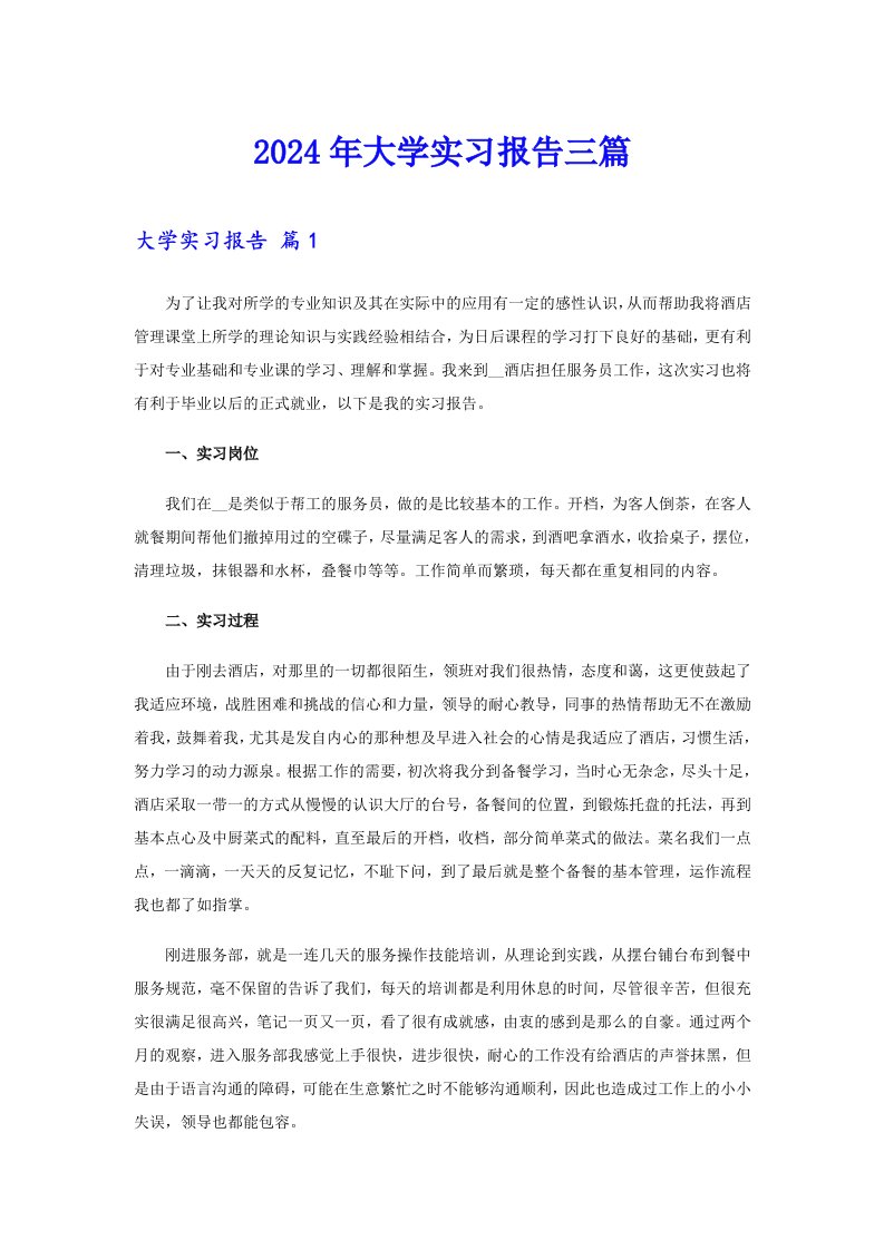 【精编】2024年大学实习报告三篇