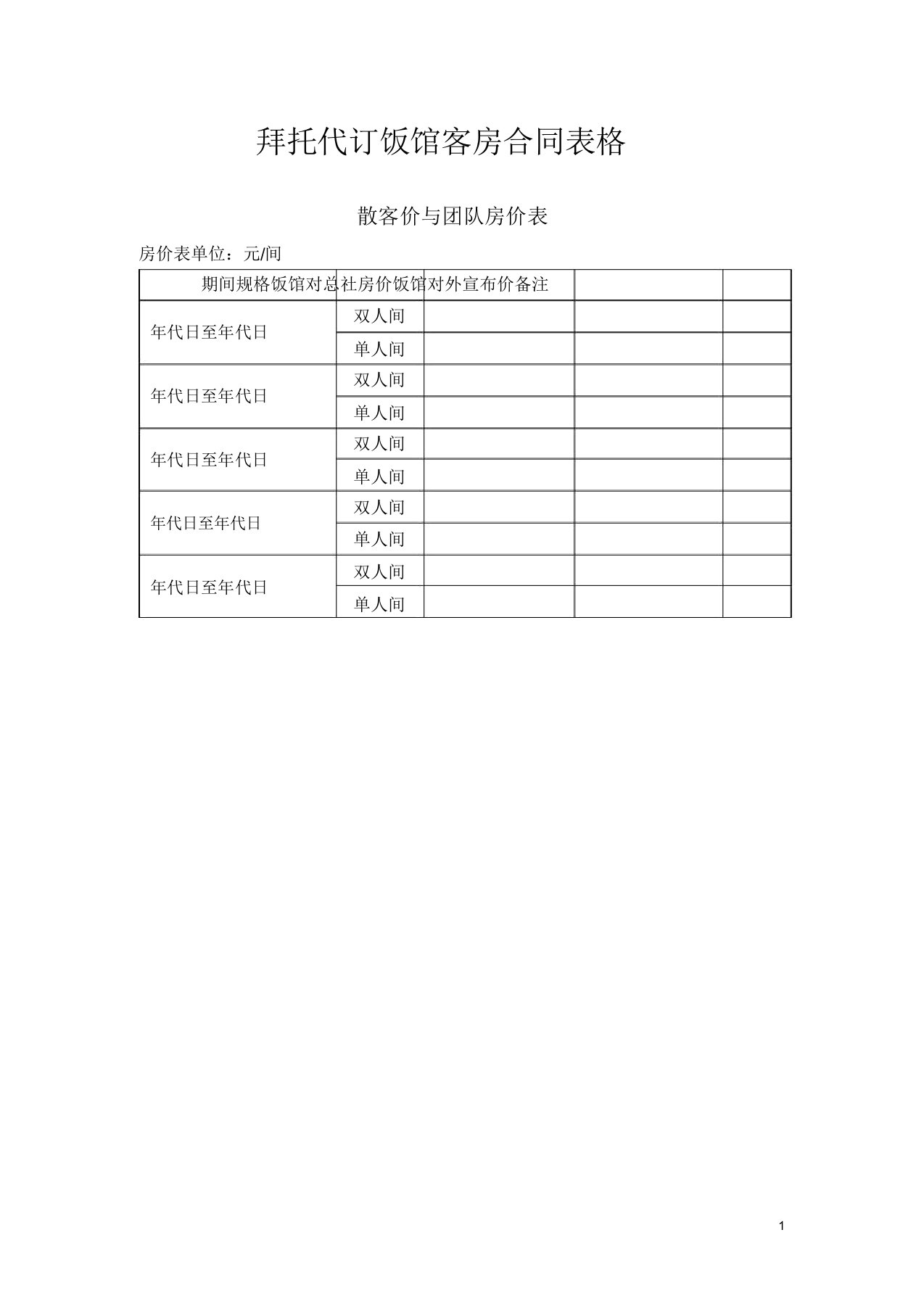 酒店前台常用表格