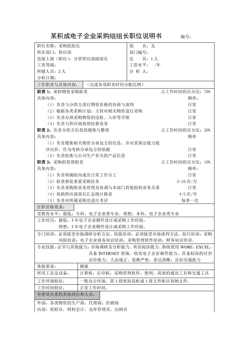 生产管理--积成电子企业采购组组长职位说明书