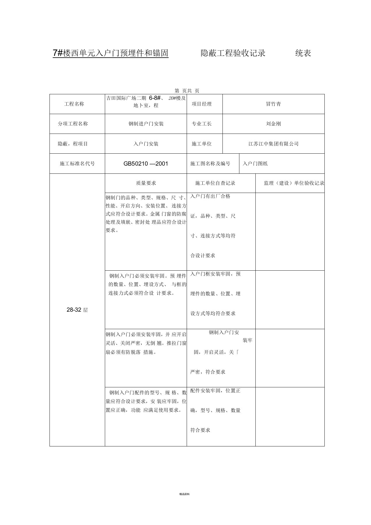 门窗隐蔽工程验收记录(钢门窗)-统表