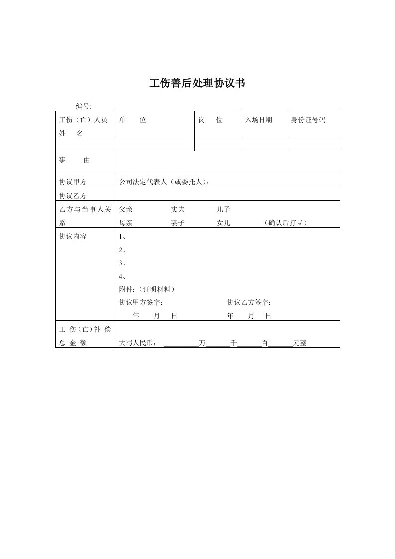 冶金行业-煤炭行业人力资源部工伤善后处理协议书