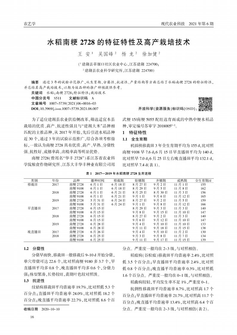 水稻南粳2728的特征特性及高产栽培技术