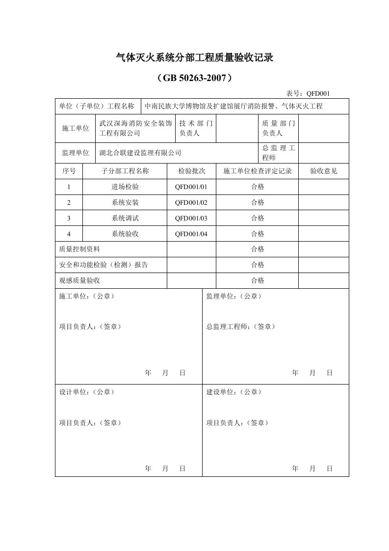 气体灭火系统分部工程质量验收记录