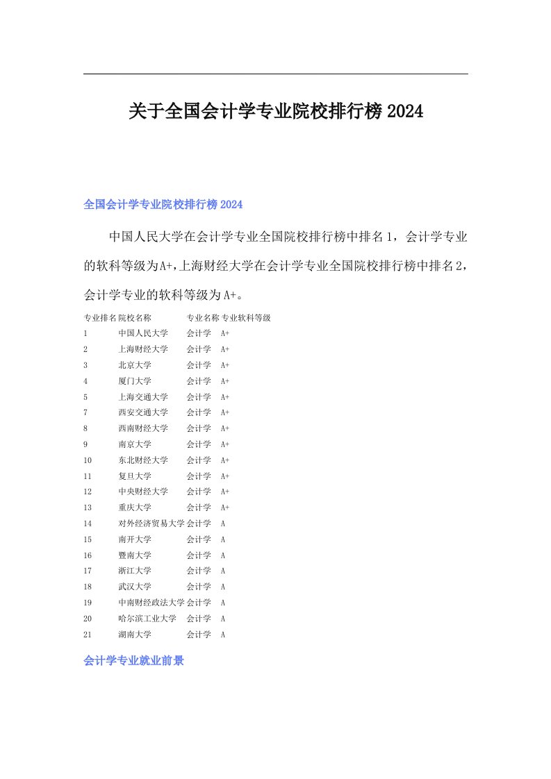 关于全国会计学专业院校排行榜2024