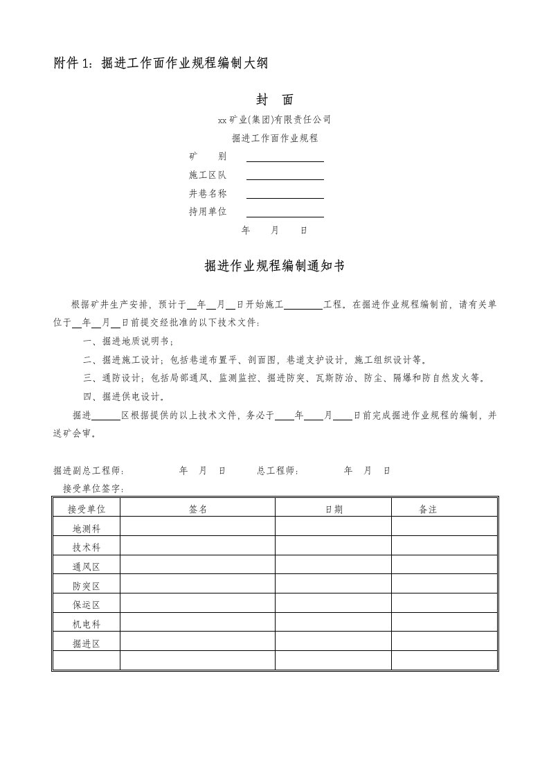 掘进工作面作业规程编制大纲