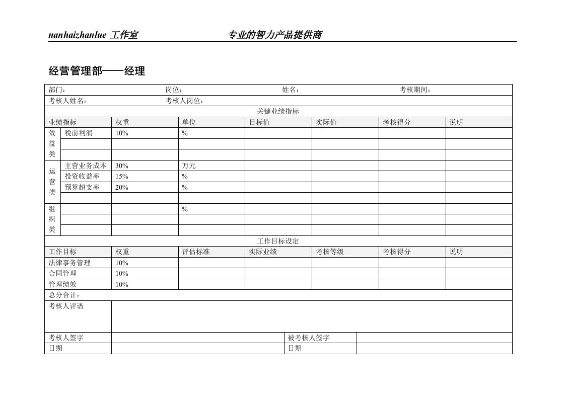 经营管理部经理绩效考核表