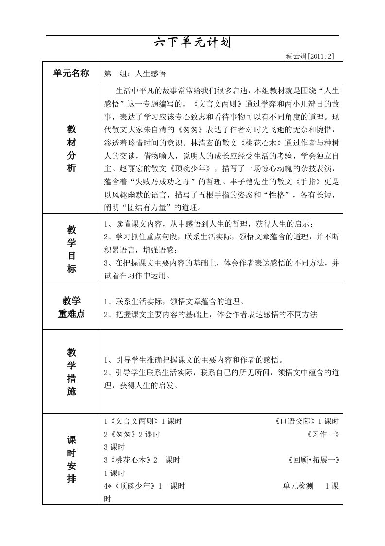 人教版新课标六下语文单元计划