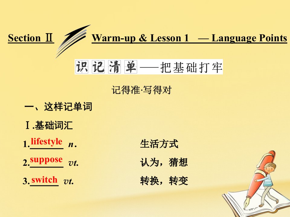 2017_2018学年高中英语Unit1LifestylesSectionⅡWarm_up&amp;Lesson1_LanguagePoints课件北师大版必修1