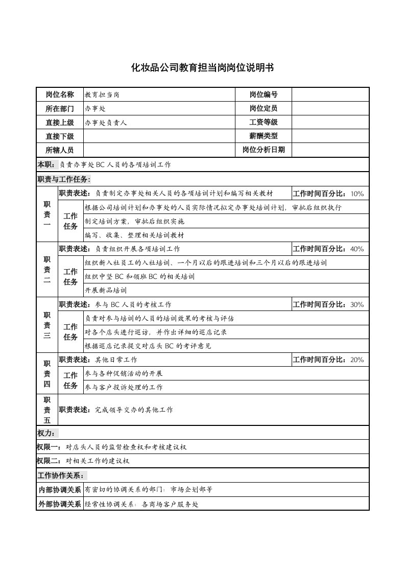 化妆品公司教育担当岗岗位说明书