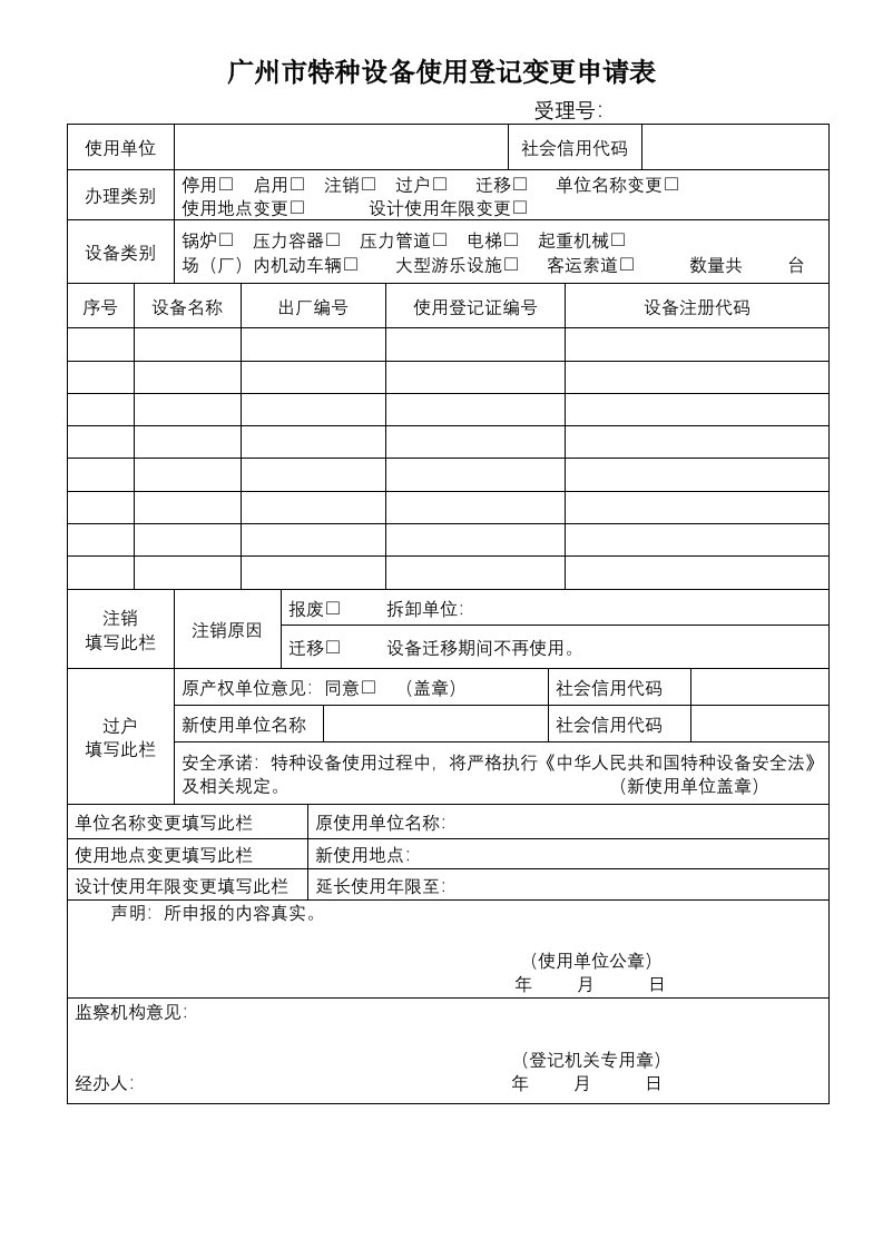 广州特种设备使用登记变更申请表