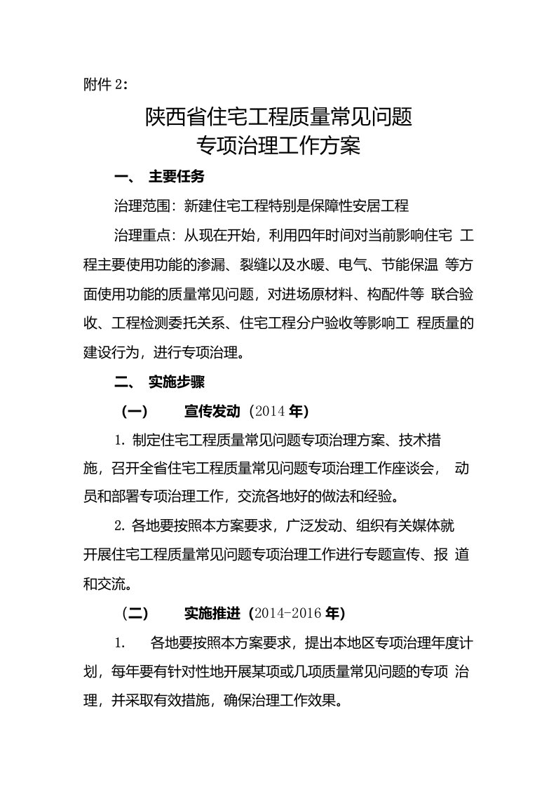 陕西省住宅工程质量常见问题专项治理工作方案