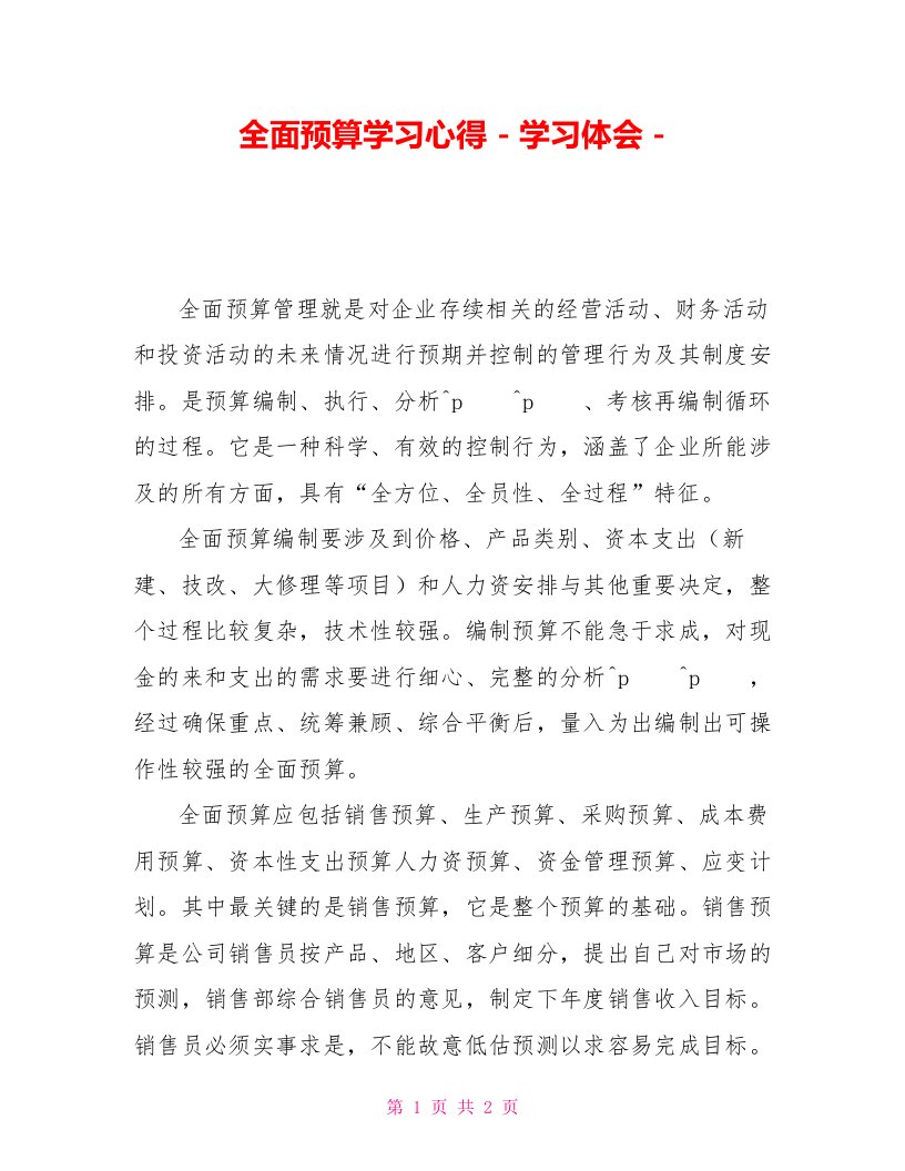 全面预算学习心得