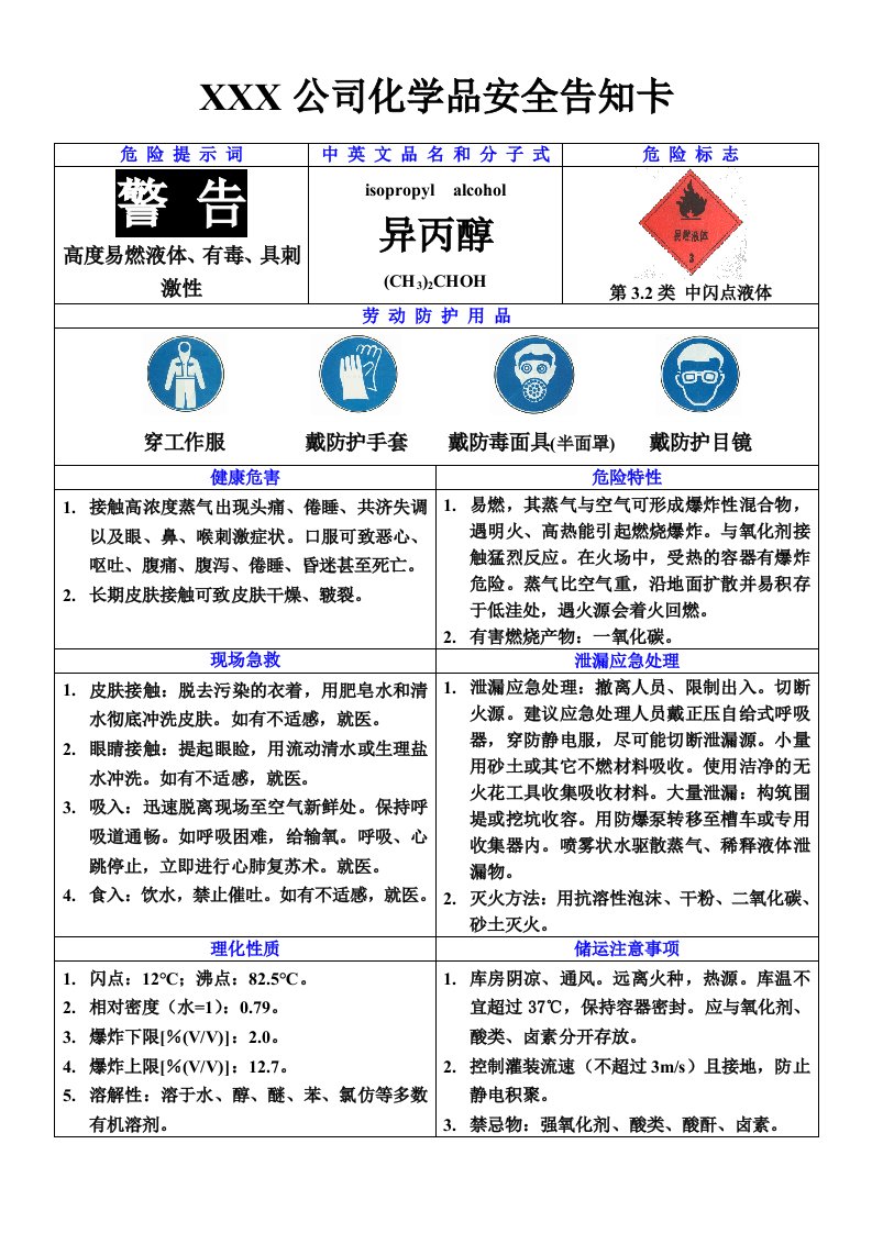 异丙醇化学品安全周知卡