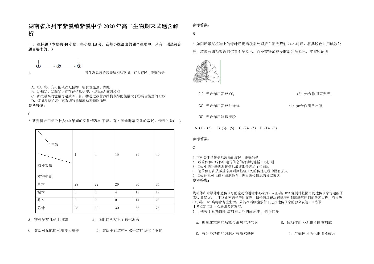 湖南省永州市紫溪镇紫溪中学2020年高二生物期末试题含解析