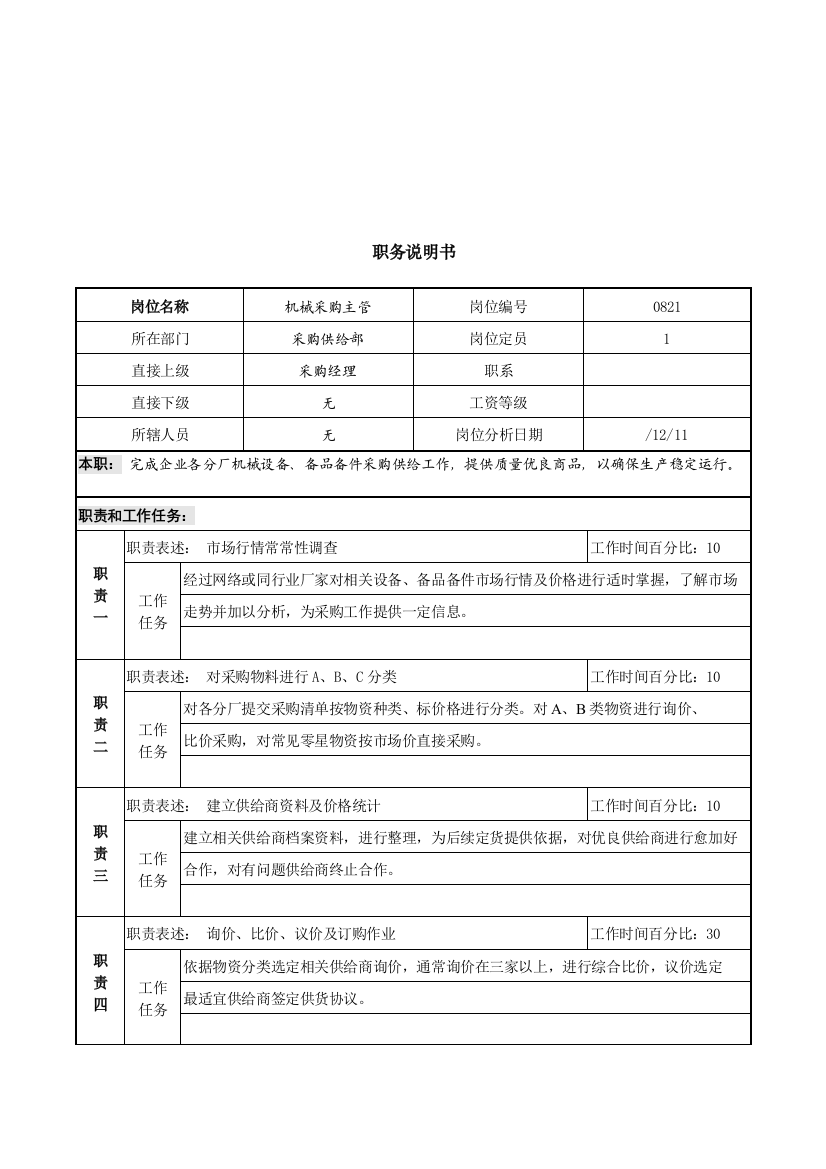 机械采购主管职务说明书样本