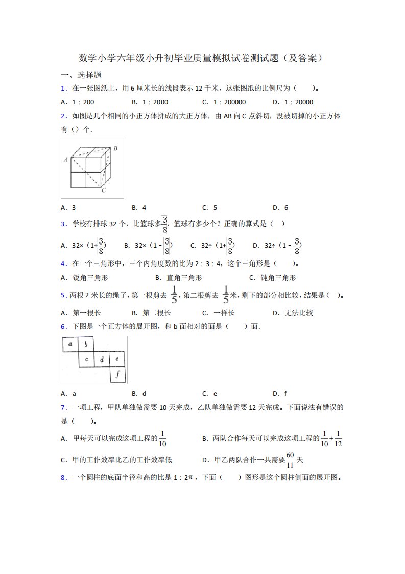 数学小学六年级小升初毕业质量模拟试卷测试题(及答案)