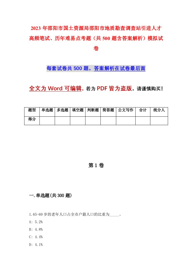 2023年邵阳市国土资源局邵阳市地质勘查调查站引进人才高频笔试历年难易点考题共500题含答案解析模拟试卷