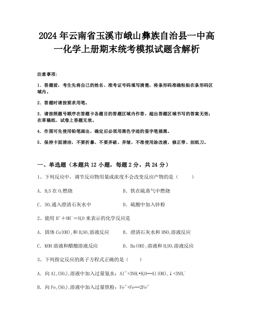 2024年云南省玉溪市峨山彝族自治县一中高一化学上册期末统考模拟试题含解析