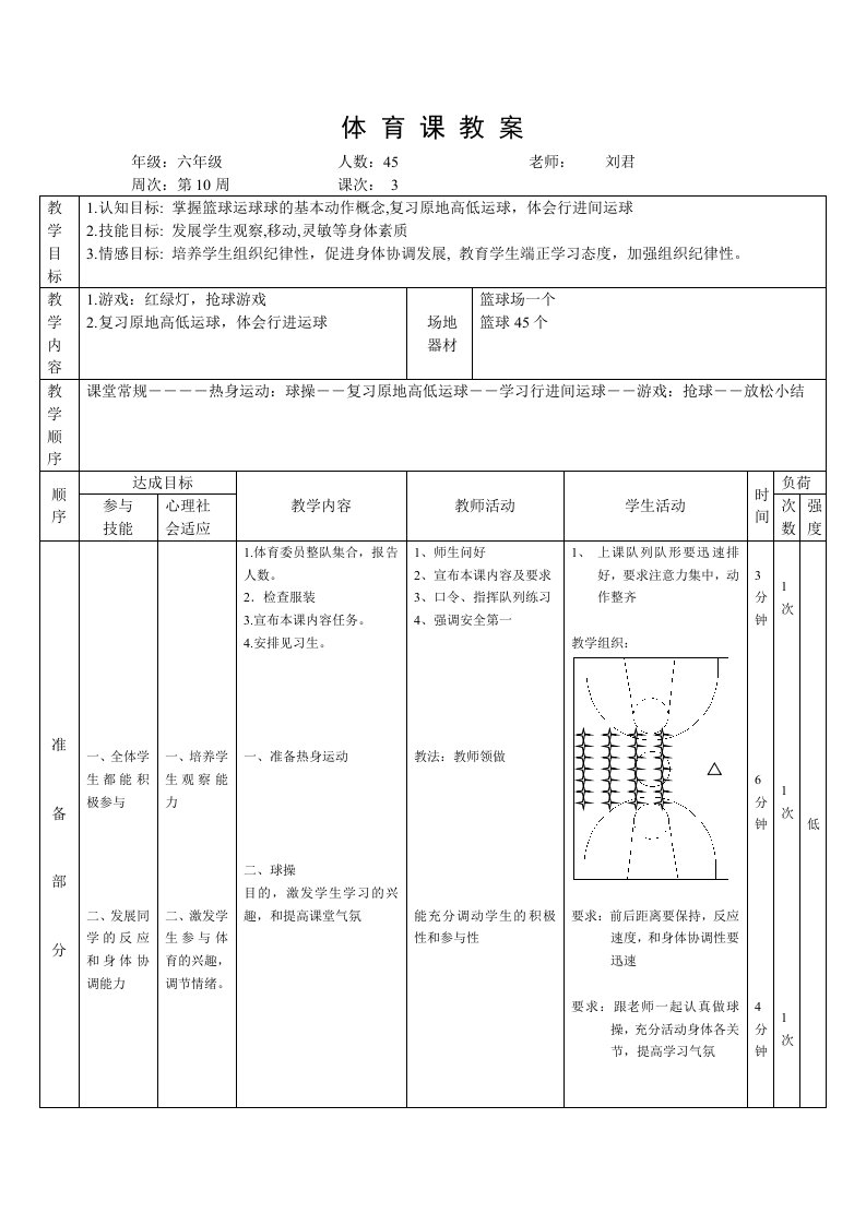 小学六年级体育篮球教案