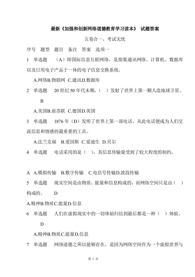 《加强和创新网络道德教育学习读本》考试答案