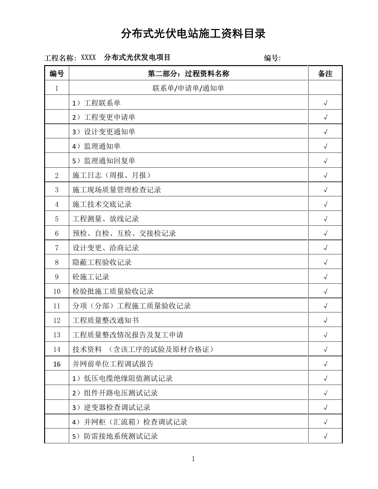 分布式光伏电站施工资料目录