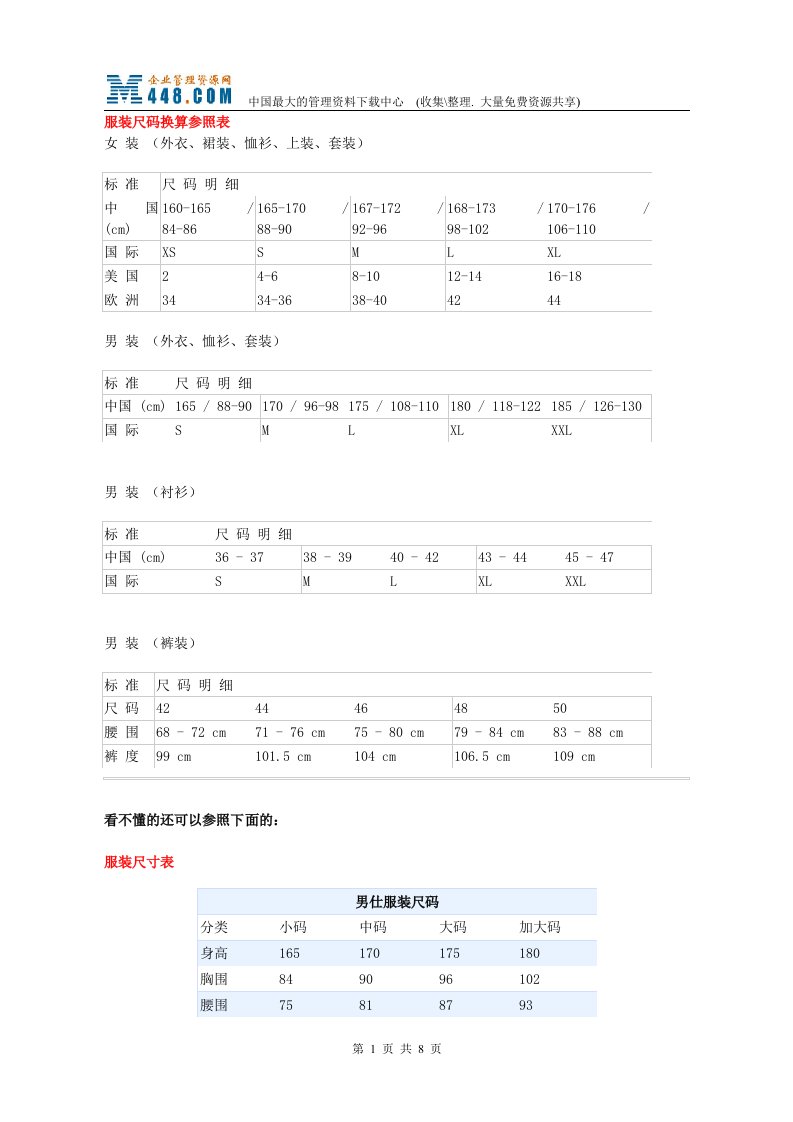 服装尺码换算参照表(doc)-纺织服装