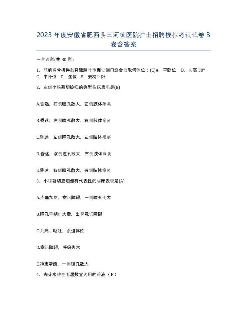 2023年度安徽省肥西县三河镇医院护士招聘模拟考试试卷B卷含答案