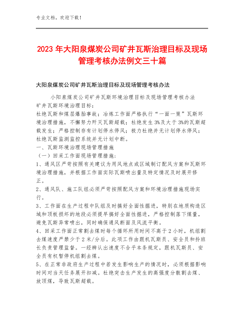 2023年大阳泉煤炭公司矿井瓦斯治理目标及现场管理考核办法例文三十篇