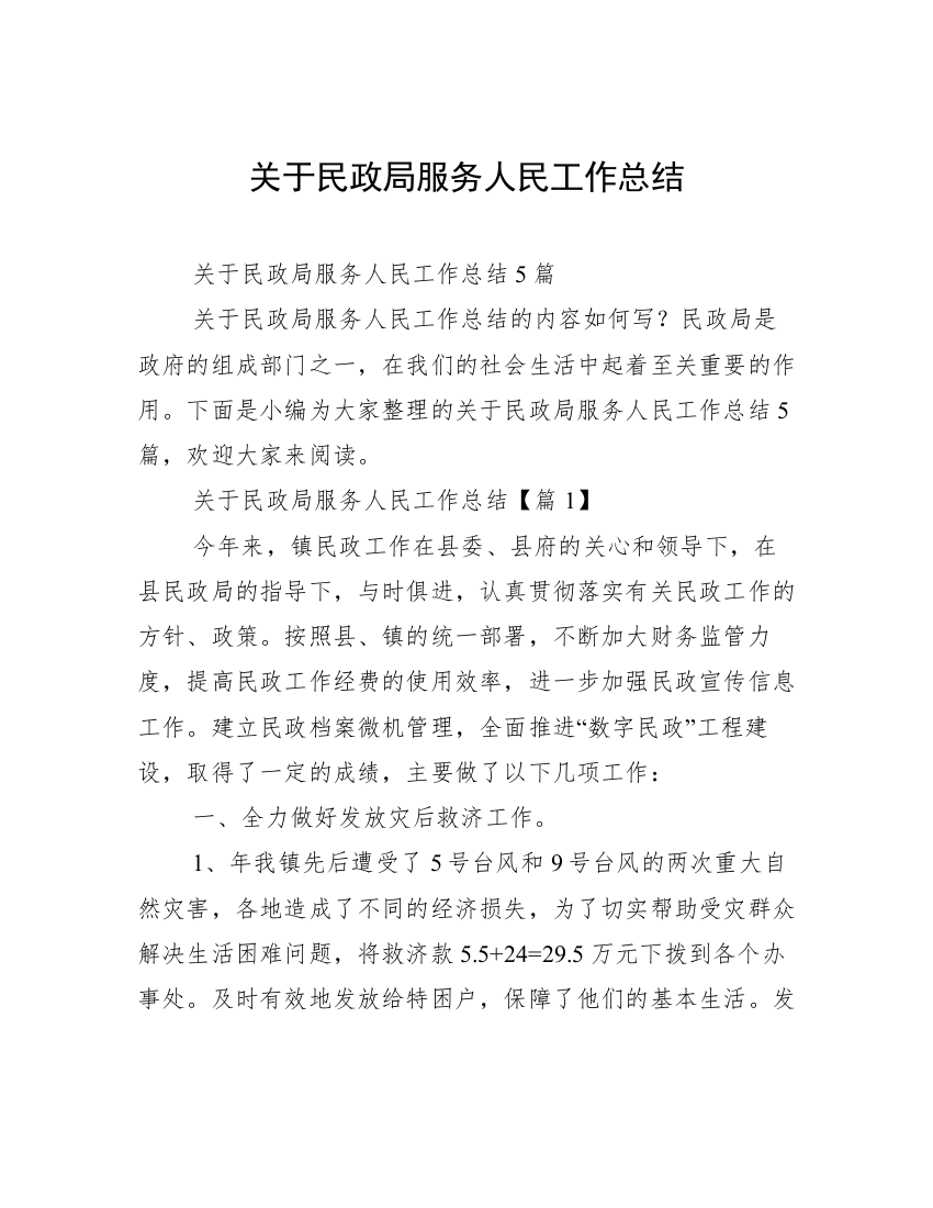 关于民政局服务人民工作总结