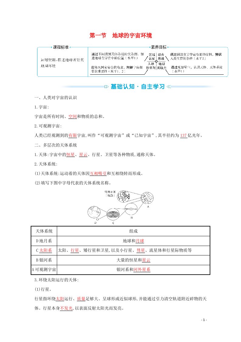 2021_2022学年新教材高中地理第一章宇宙中的地球第一节地球的宇宙环境学案湘教版必修第一册