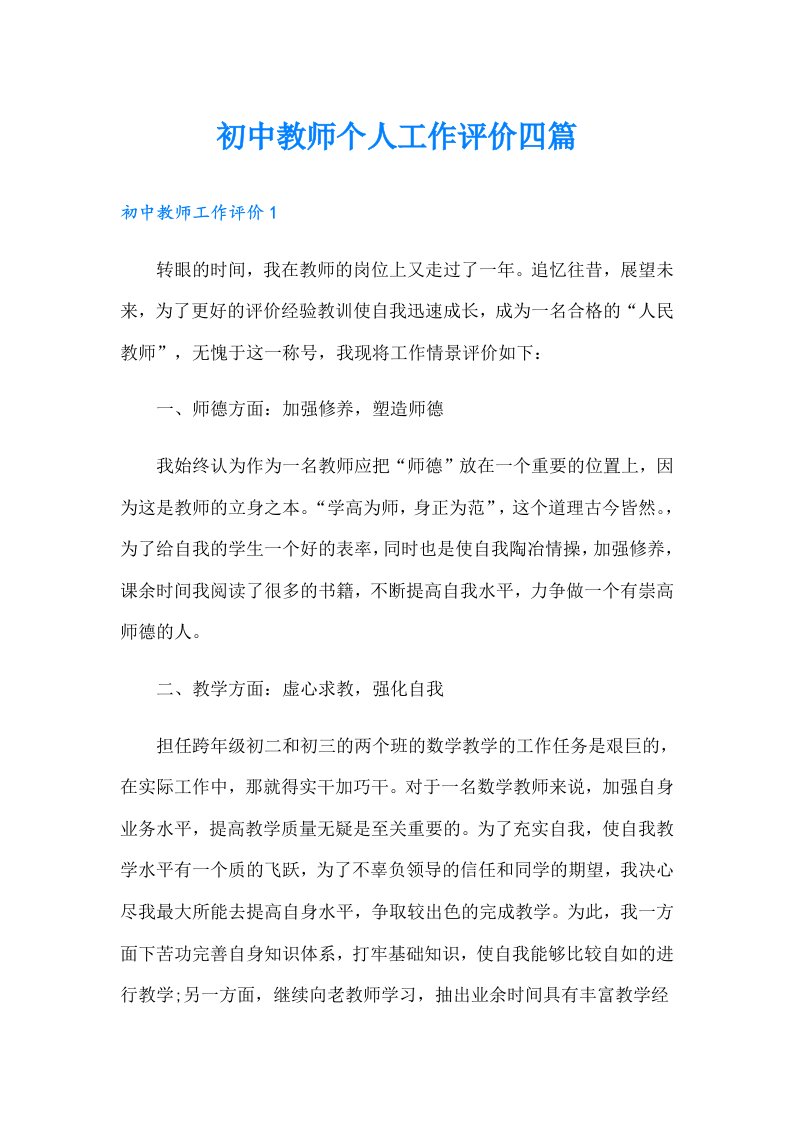 初中教师个人工作评价四篇