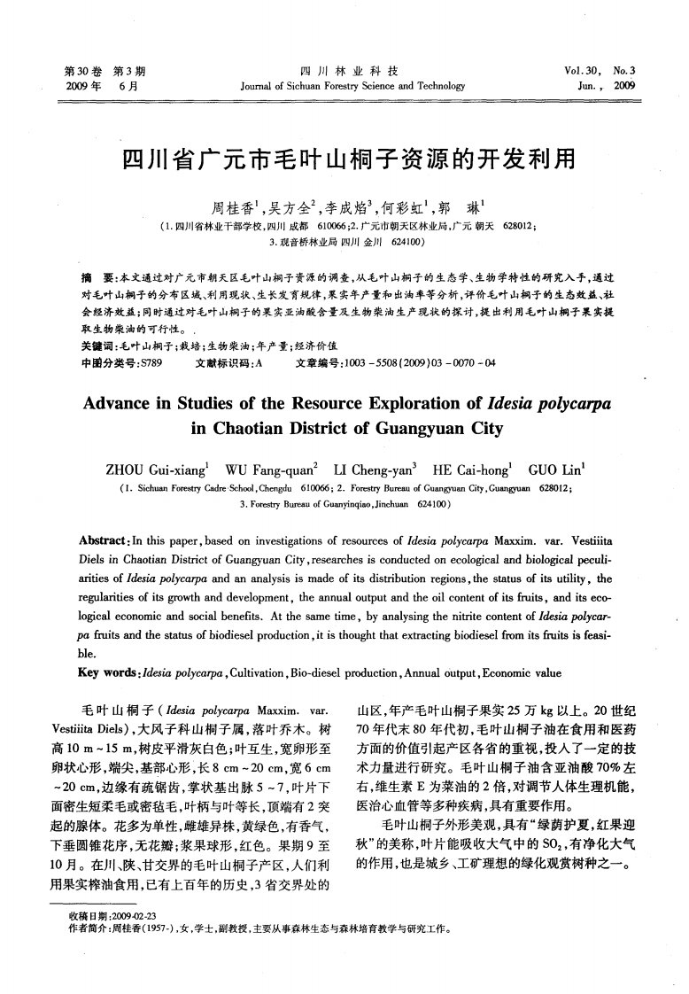 四川省广元市毛叶山桐子资源的开发利用