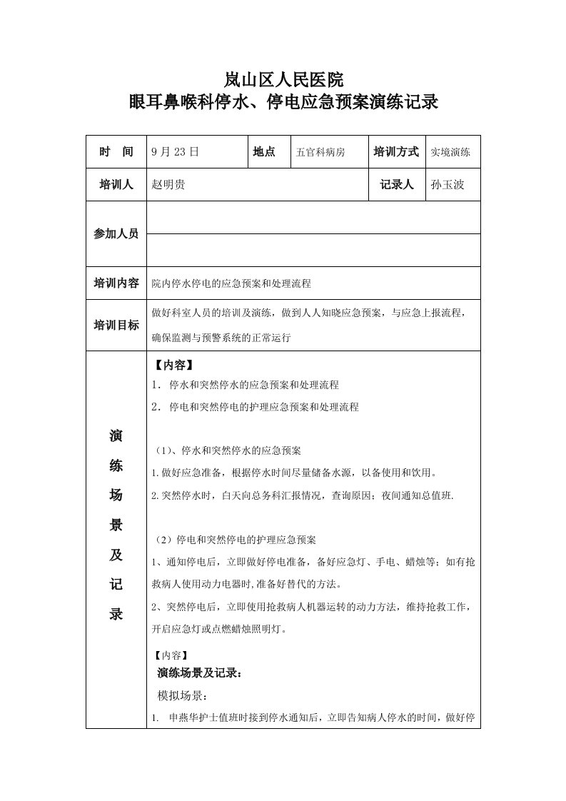 停水、停电应急预案演练记录