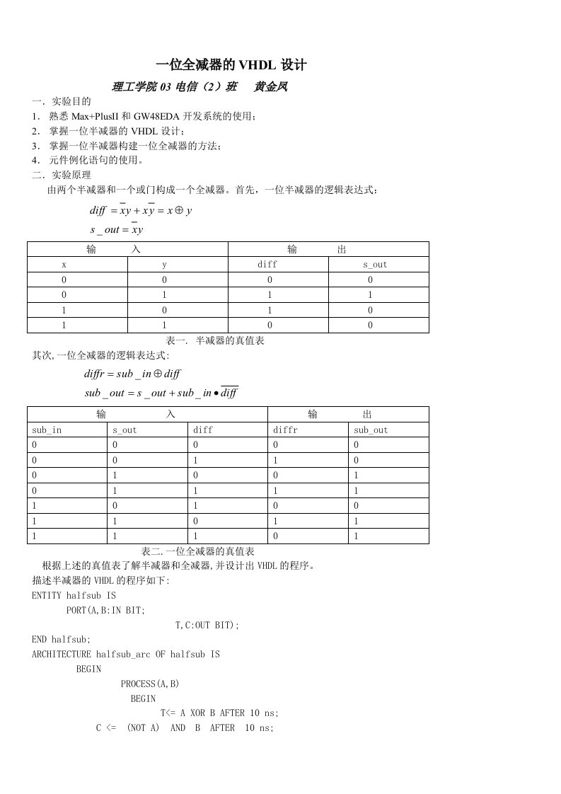 一位全减器的VHDL设计