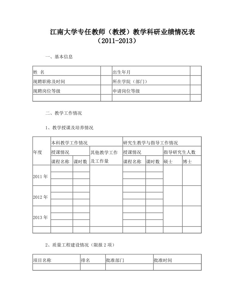 江南大学专任教师教学科研业绩情况表