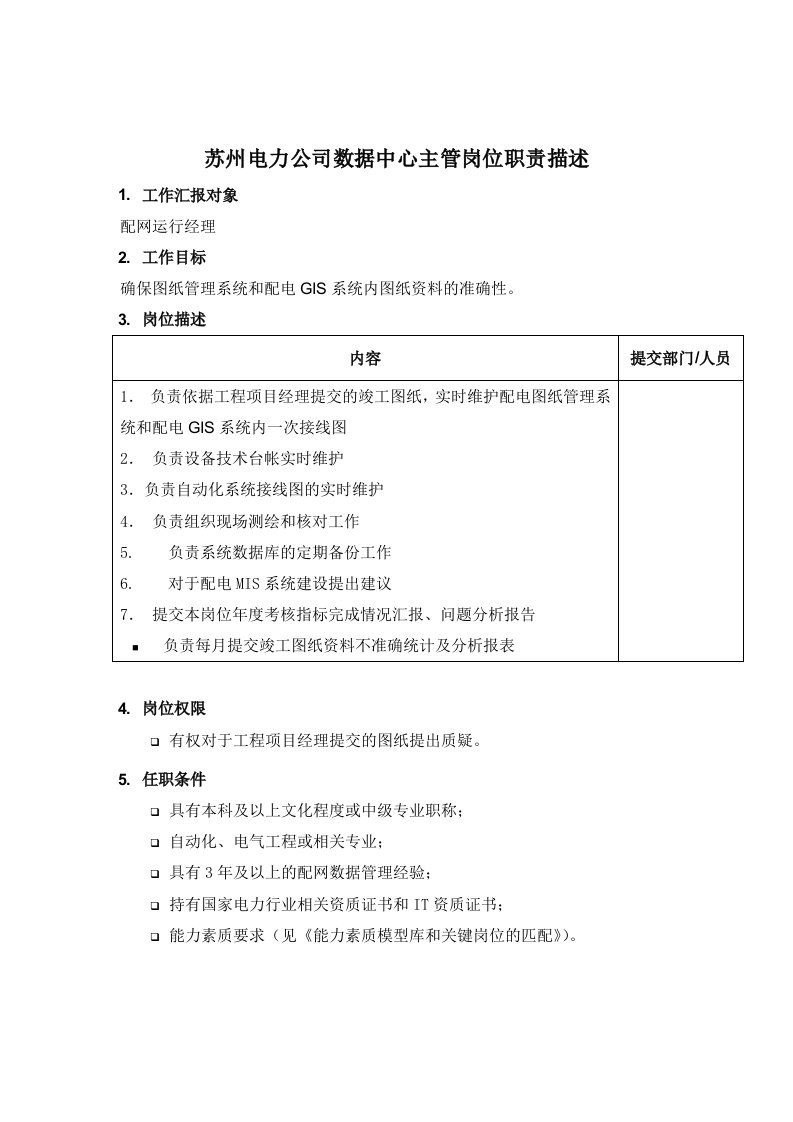 电力行业-苏州电力公司数据中心主管岗位职责描述