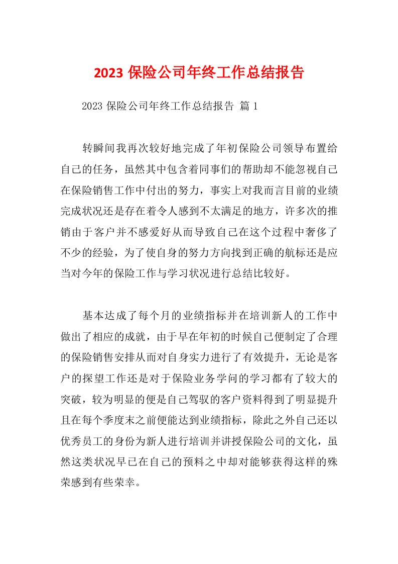 2023保险公司年终工作总结报告