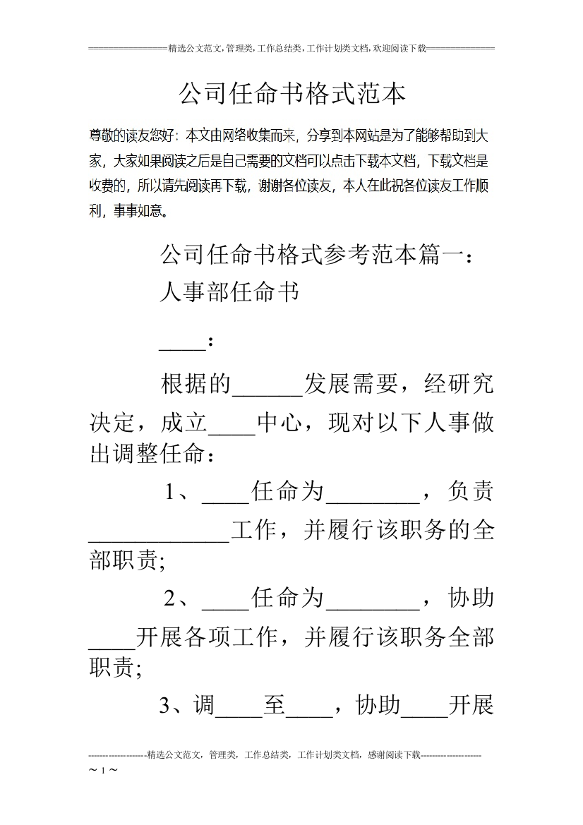 公司任命书格式范本