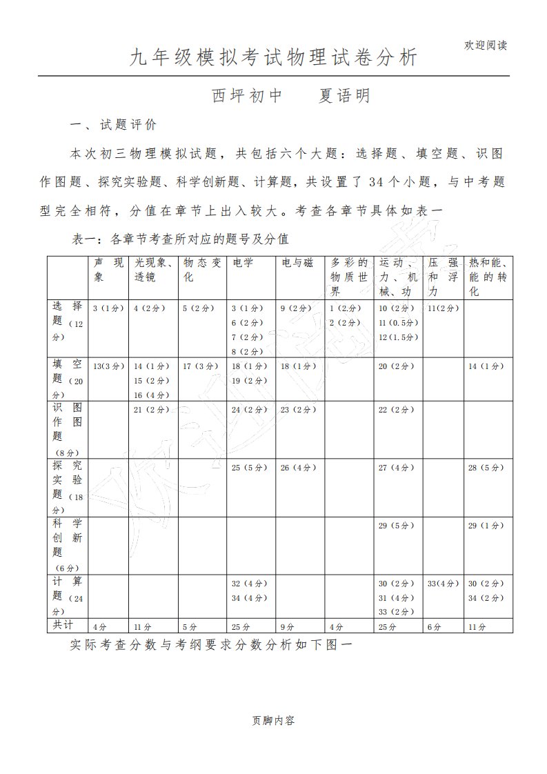 九年级初三模拟考试物理试卷分析