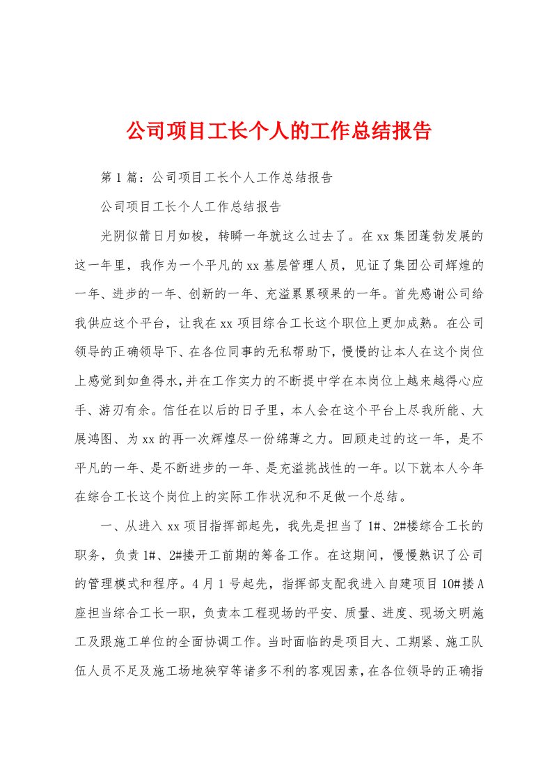 公司项目工长个人的工作总结报告