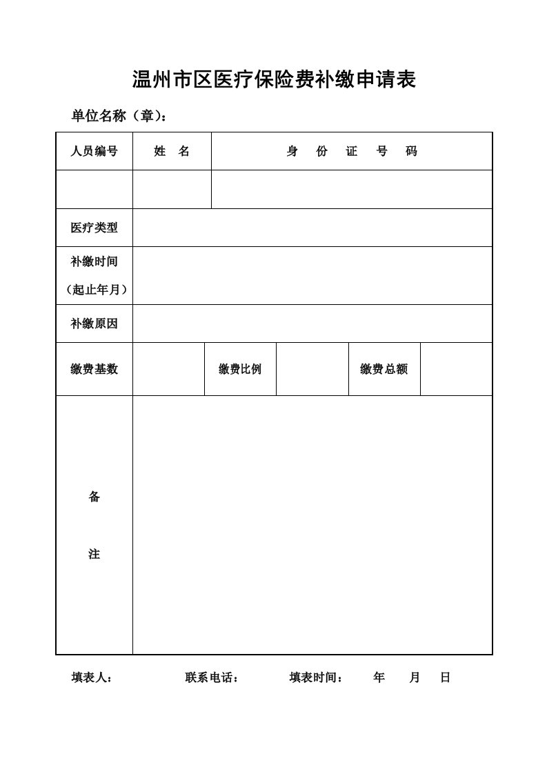 温州市区医疗保险费补缴申请表